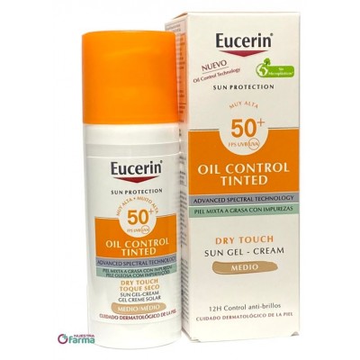Comprar EUCERIN SUN PROTECTION FPS 50+ OIL CONTROL TINTED PIEL GRASA TONO MEDIO GEL CREMA 50 ML al mejor precio en NuestraFarma, tu farmacia online