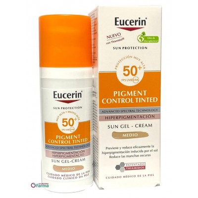 Comprar EUCERIN SUN PROTECTION FPS 50+ PIGMENT CONTROL TINTED TONO MEDIO GEL CREMA 50 ML al mejor precio en NuestraFarma, tu farmacia online