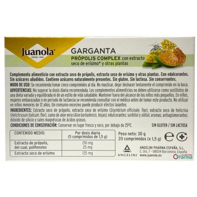 Comprar JUANOLA GARGANTA PROPOLIS COMPLEX 20 COMPRIMIDOS PARA CHUPAR al mejor precio en NuestraFarma, tu farmacia online