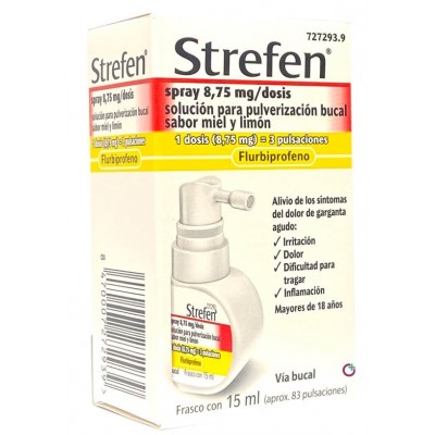 Comprar STREFEN SPRAY 8,75 mg/DOSIS SOLUCION PARA PULVERIZACION BUCAL 1 FRASCO 15 ml (SABOR MIEL Y LIMON) al mejor precio en NuestraFarma, tu farmacia online