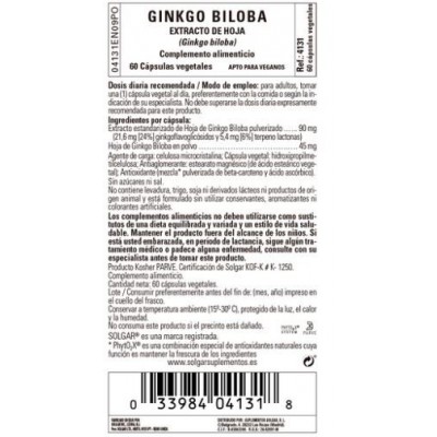 Comprar SOLGAR GINKGO BILOBA EXTRACTO DE HOJA 60 CAPSULAS VEGETALES al mejor precio en NuestraFarma, tu farmacia online