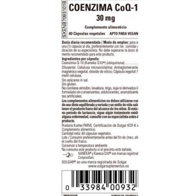 Comprar SOLGAR COENZIMA Q10 30 MG 60 CAPSULAS VEGETALES al mejor precio en NuestraFarma, tu farmacia online