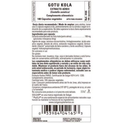 Comprar SOLGAR GOTU KOLA EXTRACTO AEREO (CENTELLA ASIATICA) 100 CAPSULAS VEGETALES al mejor precio en NuestraFarma, tu farmacia online