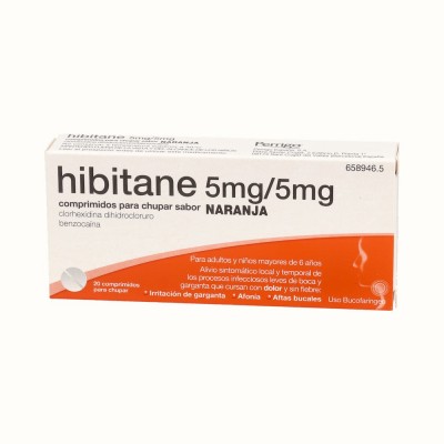 Comprar HIBITANE 5 mg/5 mg 20 COMPRIMIDOS PARA CHUPAR (SABOR NARANJA) al mejor precio en NuestraFarma, tu farmacia online