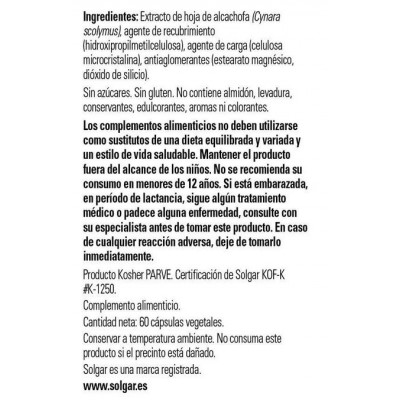 Comprar SOLGAR ALCACHOFA EXTRACTO DE HOJA 60 CAPSULAS VEGETALES al mejor precio en NuestraFarma, tu farmacia online