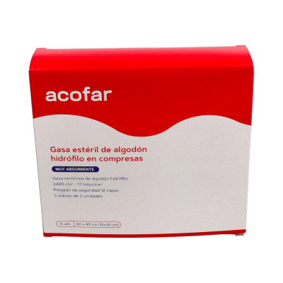 Comprar ACOFAR GASA ESTERIL DE ALGODON HIDROFILO EN COMPRESAS 60X40CM 6 UNIDADES al mejor precio en NuestraFarma, tu farmacia online