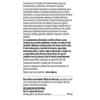 Comprar SOLGAR UÑA DE GATO (UNCARIA TOMENTOSA) 1000 MG 30 COMPRIMIDOS al mejor precio en NuestraFarma, tu farmacia online