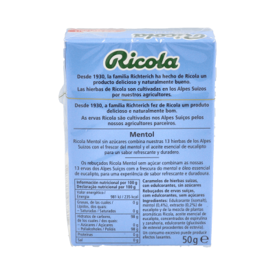 Comprar RICOLA CARAMELOS SIN AZUCAR MENTOL 50 G al mejor precio en NuestraFarma, tu farmacia online