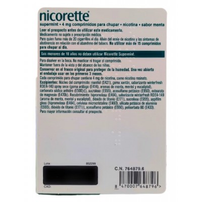 Comprar NICORETTE SUPERMINT EFG 4 MG 40 COMPRIMIDOS PARA CHUPAR al mejor precio en NuestraFarma, tu farmacia online