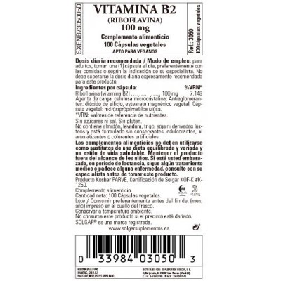 Comprar SOLGAR VITAMINA B2 (RIVOFLAVINA) 100MG 100 CAPSULAS VEGETALES al mejor precio en NuestraFarma, tu farmacia online