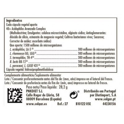Comprar SOLGAR ADVANCED 40+ ACIDOPHILUS 60 CAPSULAS VEGETALES al mejor precio en NuestraFarma, tu farmacia online
