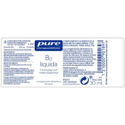 Comprar PURE ENCAPSULATIONS B12 LIQUIDA 30 ML 60 DOSIS al mejor precio en NuestraFarma, tu farmacia online