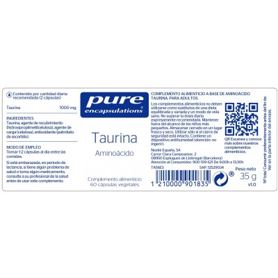 Comprar PURE ENCAPSULATIONS TAURINA 60 CAPSULAS VEGETALES al mejor precio en NuestraFarma, tu farmacia online