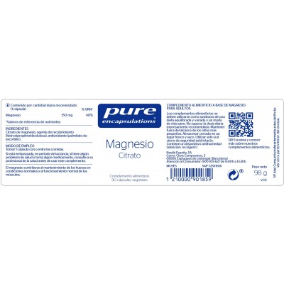 Comprar PURE ENCAPSULATIONS MAGNESIO CITRATO 90 CAPSULAS VEGETALES al mejor precio en NuestraFarma, tu farmacia online