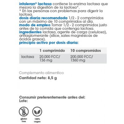 Comprar INTOLERAN LACTASA 20000 50 COMPRIMIDOS al mejor precio en NuestraFarma, tu farmacia online