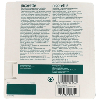 Comprar NICORETTE BUCOMIST 1 MG/PULSACION SOLUCION PARA PULVERIZACION BUCAL 2 ENVASES 13,2 ML (150 DOSIS) al mejor precio en NuestraFarma, tu farmacia online