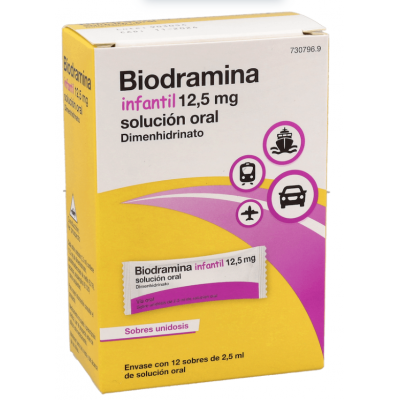 Comprar BIODRAMINA INFANTIL 12,5 MG 12 SOBRES MONODOSIS SOLUCION ORAL 2,5 ML al mejor precio en NuestraFarma, tu farmacia online