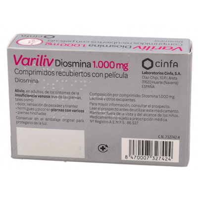 Comprar VARILIV DIOSMINA FORTE 1000 MG 30 COMPRIMIDOS RECUBIERTOS al mejor precio en NuestraFarma, tu farmacia online
