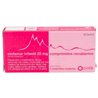 Comprar CINFAMAR INFANTIL 25 MG 4 COMPRIMIDOS RECUBIERTOS al mejor precio en NuestraFarma, tu farmacia online