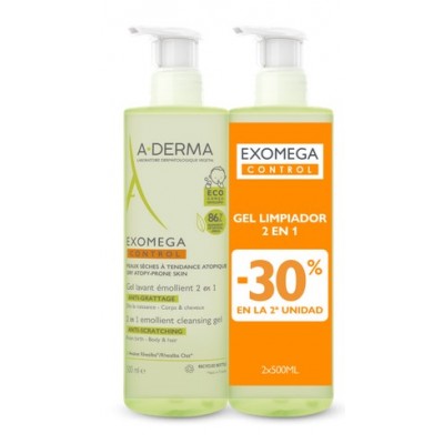 Comprar A-DERMA EXOMEGA PACK DUO GEL LAVANTE EMOLIENTE 2X500 ML al mejor precio en NuestraFarma, tu farmacia online