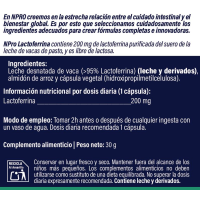 Comprar NPRO LACTOFERRINA 60 CAPSULAS al mejor precio en NuestraFarma, tu farmacia online