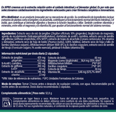 Comprar NPRO MOTILINTEST 60 CAPSULAS al mejor precio en NuestraFarma, tu farmacia online