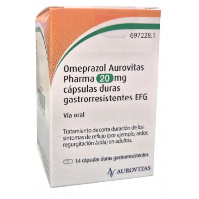 Comprar OMEPRAZOL AUROVITAS PHARMA EFG 20 MG 14 CAPSULAS GASTRORRESISTENTES (FRASCO HDPE) al mejor precio en NuestraFarma, tu farmacia online