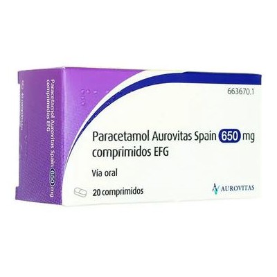 Comprar PARACETAMOL AUROVITAS SPAIN EFG 650 MG 20 COMPRIMIDOS al mejor precio en NuestraFarma, tu farmacia online