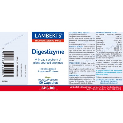 Comprar LAMBERTS DIGESTIZYME 100 CAPSULAS 8410 al mejor precio en NuestraFarma, tu farmacia online