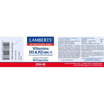 Comprar LAMBERTS VITAMINA D3 & K2 (D3 1000UI/K2 90MCG) 60 CAPSULAS 8144 al mejor precio en NuestraFarma, tu farmacia online