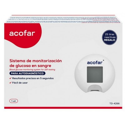 Comprar SISTEMA DE MONITORIZACION DE GLUCOSA EN SANGRE ACOFAR 1 MEDIDOR + 10 LANCETAS + 25 TIRAS REACTIVAS al mejor precio en NuestraFarma, tu farmacia online