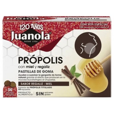 Comprar JUANOLA EDICION ESPECIAL PROPOLIS 36 PASTILLAS DE GOMA SABOR REGALIZ Y MIEL al mejor precio en NuestraFarma, tu farmacia online