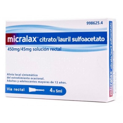 Comprar MICRALAX CITRATO/LAURIL SULFOACETATO 450 MG/ML + 45 MG/ML SOLUCION RECTAL 4 ENEMAS 5 ML al mejor precio en NuestraFarma, tu farmacia online