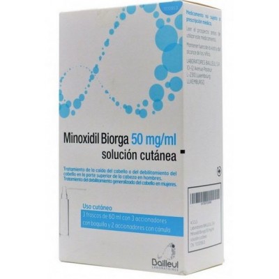 Comprar MINOXIDIL BIORGA 50 mg/ml SOLUCION CUTANEA 3 FRASCOS 60 ml + 3 ACCIONADORES DE BOQUILLA Y 2 ACCIONAD al mejor precio en NuestraFarma, tu farmacia online