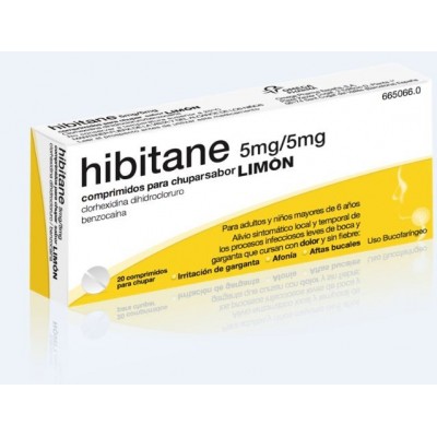 Comprar HIBITANE 5 mg/5 mg 20 COMPRIMIDOS PARA CHUPAR (SABOR LIMON) al mejor precio en NuestraFarma, tu farmacia online