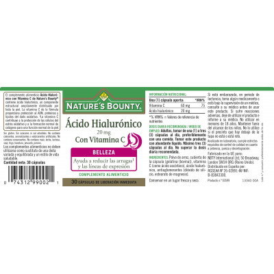 Comprar NATURES BOUNTY ACIDO HIALURONICO 20MG CON VITAMINA C 30 CAPSULAS al mejor precio en NuestraFarma, tu farmacia online