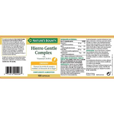 Comprar NATURES BOUNTY HIERRO GENTLE COMPLEX CON VITAMINAS C Y B12 100 CAPSULAS al mejor precio en NuestraFarma, tu farmacia online