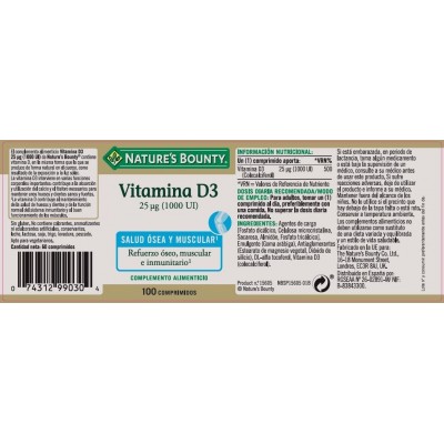 Comprar NATURES BOUNTY VITAMINA D3 25MCG 100 COMPRIMIDOS al mejor precio en NuestraFarma, tu farmacia online
