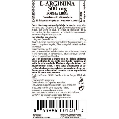 Comprar SOLGAR L-ARGININA 500MG 50 CAPSULAS VEGETALES al mejor precio en NuestraFarma, tu farmacia online