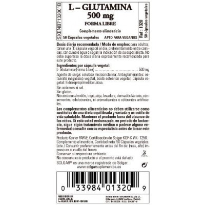 Comprar SOLGAR L-GLUTAMINA 500MG 50 CAPSULAS VEGETALES al mejor precio en NuestraFarma, tu farmacia online