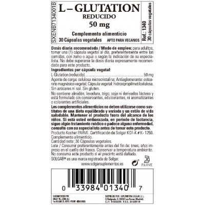 Comprar SOLGAR L-GLUTATION REDUCIDO 50MG 30 CAPSULAS VEGETALES al mejor precio en NuestraFarma, tu farmacia online