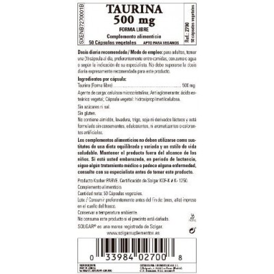 Comprar SOLGAR TAURINA 500MG 50 CAPSULAS VEGETALES al mejor precio en NuestraFarma, tu farmacia online