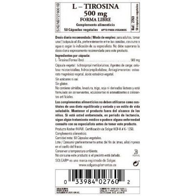Comprar SOLGAR L-TIROSINA 500MG 50 CAPSULAS VEGETALES al mejor precio en NuestraFarma, tu farmacia online