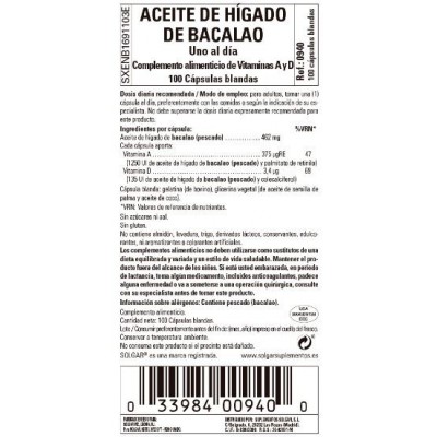 Comprar SOLGAR COD LIVER OIL - ACEITE DE HIGADO DE BACALAO 100 CAPSULAS BLANDAS al mejor precio en NuestraFarma, tu farmacia online