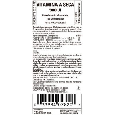 Comprar SOLGAR VITAMINA A SECA (PALMITATO) 5000UI 100 COMPRIMIDOS al mejor precio en NuestraFarma, tu farmacia online