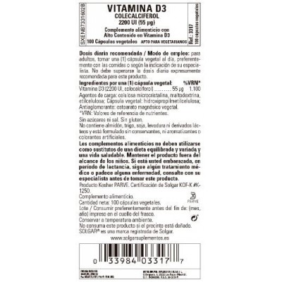 Comprar SOLGAR VITAMINA D3 2200UI (55MCG) 100 CAPSULAS VEGETALES al mejor precio en NuestraFarma, tu farmacia online