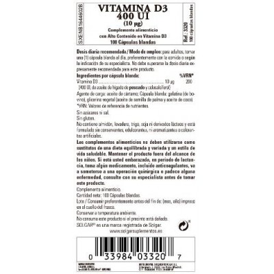 Comprar SOLGAR VITAMINA D3 400UI (10MCG) 100 CAPSULAS BLANDAS al mejor precio en NuestraFarma, tu farmacia online