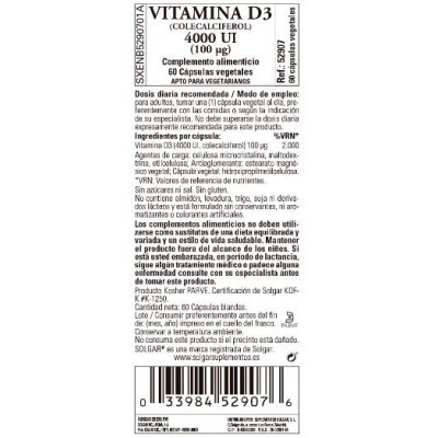 Comprar SOLGAR VITAMINA D3 4000UI (100MCG) 60 CAPSULAS VEGETALES al mejor precio en NuestraFarma, tu farmacia online
