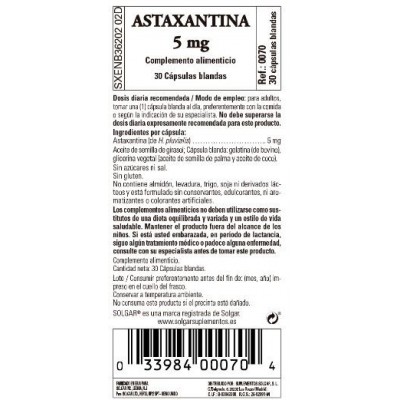 Comprar SOLGAR ASTAXANTINA 5MG 30 CAPSULAS BLANDAS al mejor precio en NuestraFarma, tu farmacia online