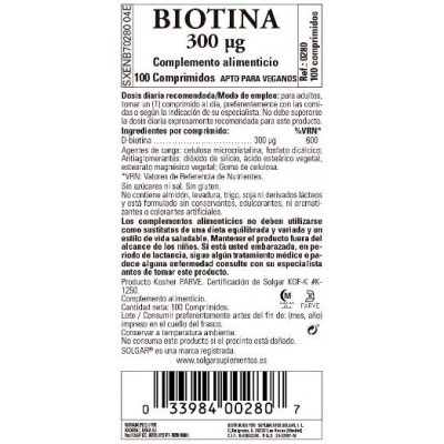 Comprar SOLGAR BIOTINA 300MCG 100 COMPRIMIDOS al mejor precio en NuestraFarma, tu farmacia online